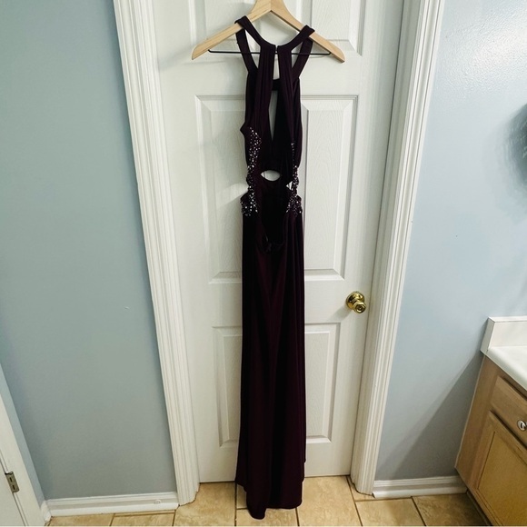 Y2K Formal Dress Long Halter Cut Out Maroon Gemstone Extra Small - Picture 6 of 10